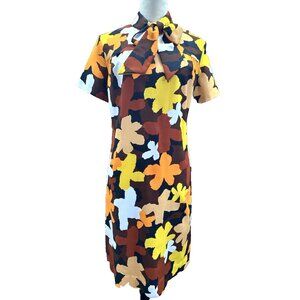 Vintage Hob-nobber Vibrant Abstract Floral Bow Tie Neck Mod Shift Dress
